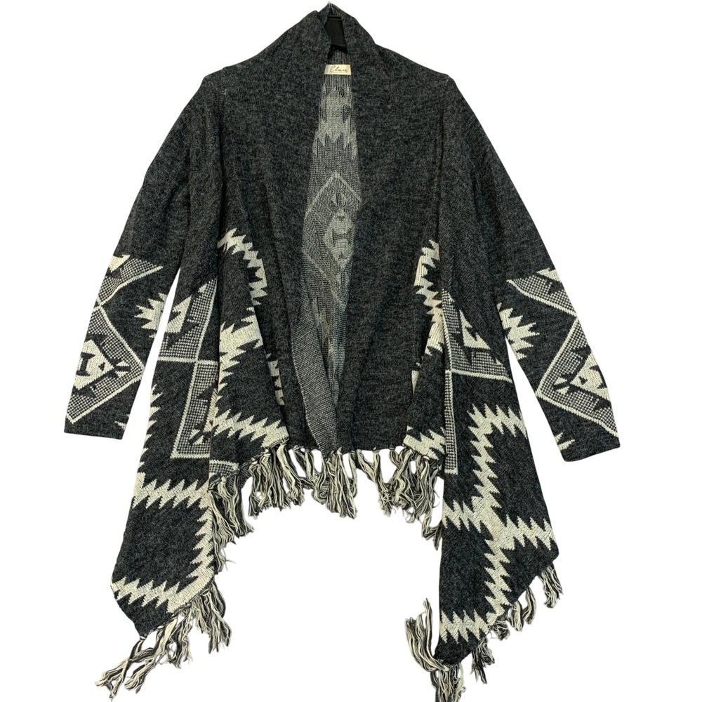 Elan Women's S Gray Southwestern Tribal Fringed Cardigan Sweater Wool Blend